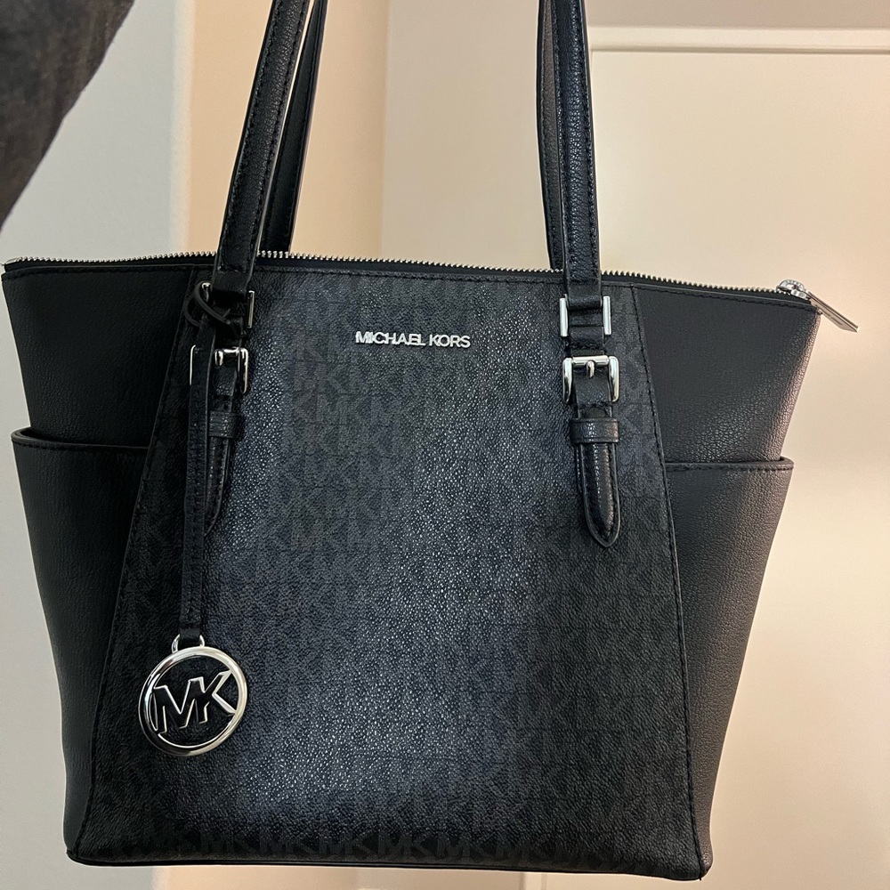 Michael Kors Charlotte Large Top Zip Tote Black Signature Shoulder Bag